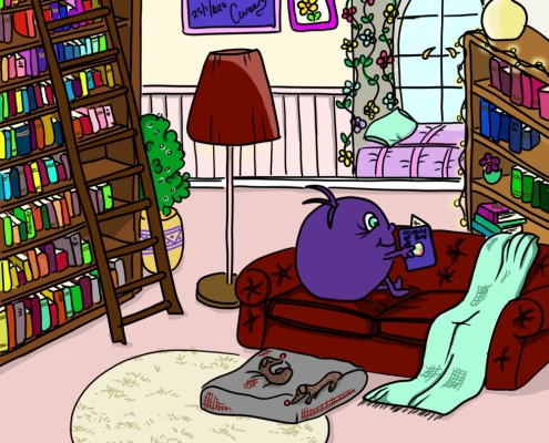 About me and my children's book illustrations: Adventures of Blue relaxing on the coach with a book