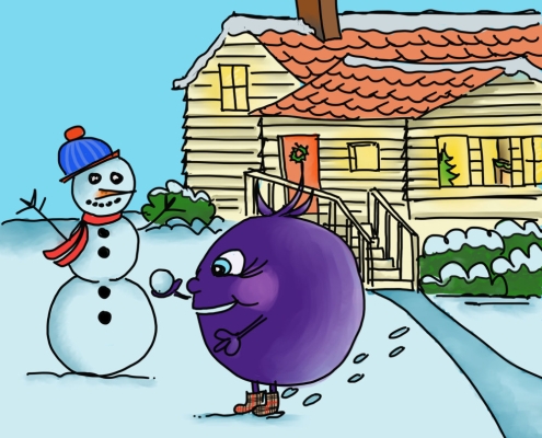 About me and my children's book illustrations Adventures of Blue building a snowman
