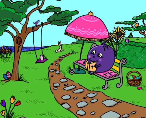 About me and my children's book illustrations Adventures of Blue reading the bible with some hidden Easter eggs