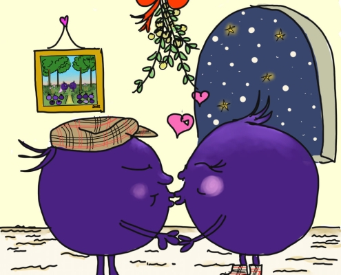 About me and my children's book illustrations Adventures of Blue kissing under the mistletoe, Blue and Berry