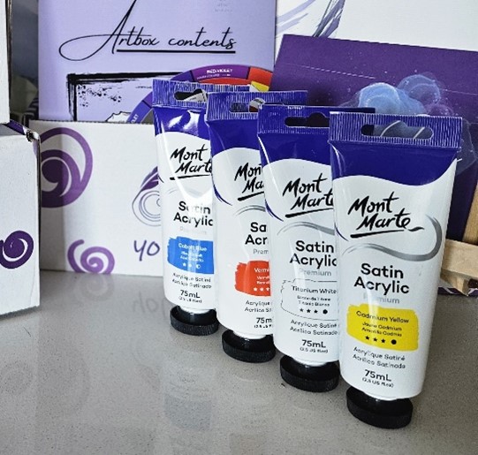 Essential item for every artist: Display of primary colours with titanium white acrylic paint