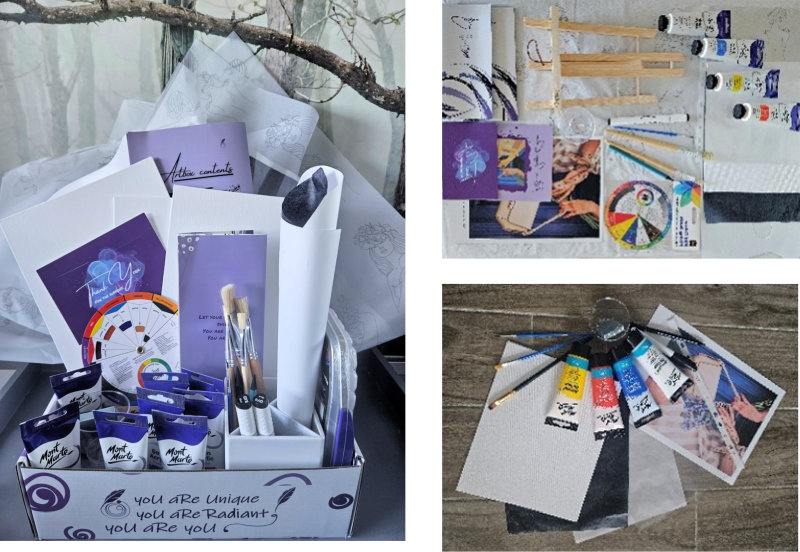 Essential art supply items displayed in an art kits with all its content. Includes, paints, brushes, canvas, colour wheel, palette paper, easel, pamphlet guides, thank you card, pencils and more