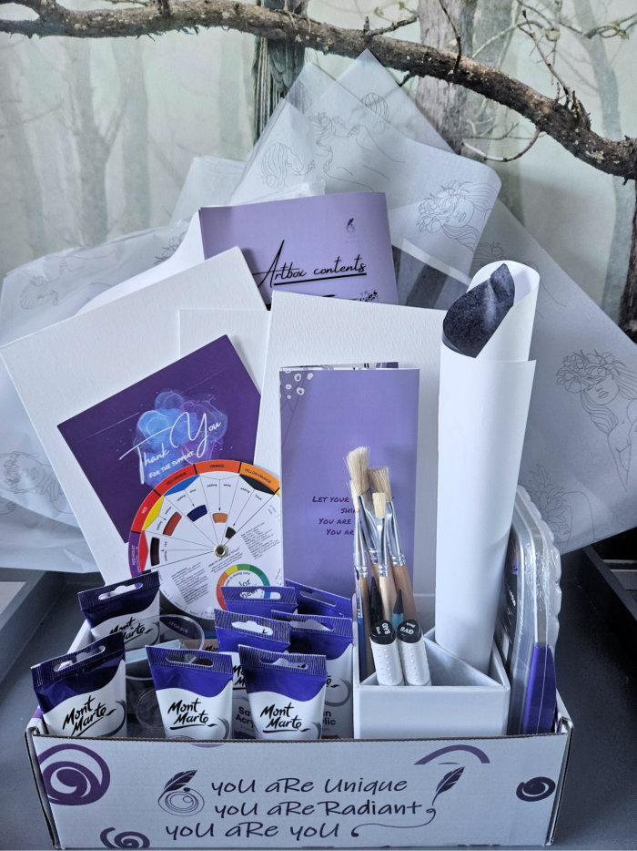 Art kit box art supplies shown in box, filled with paints, brushes, canvas and more