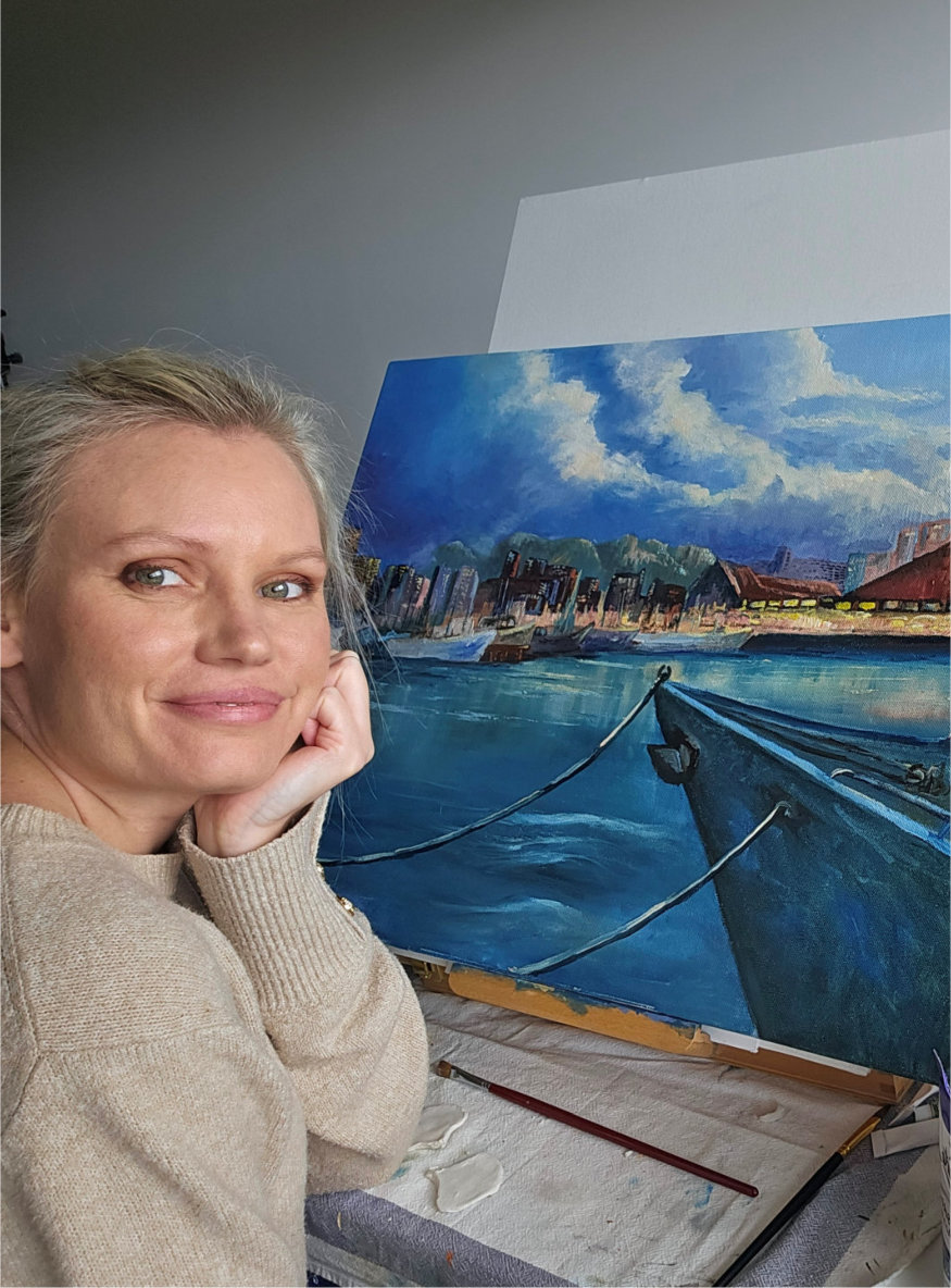 Seascape painting with artist done during art classes