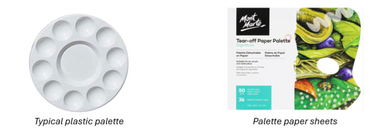 Essential item for every artist: Different types of palettes one can use when painting. Left side is a reusable plastic palette while on the right hand side is disposable palette paper.