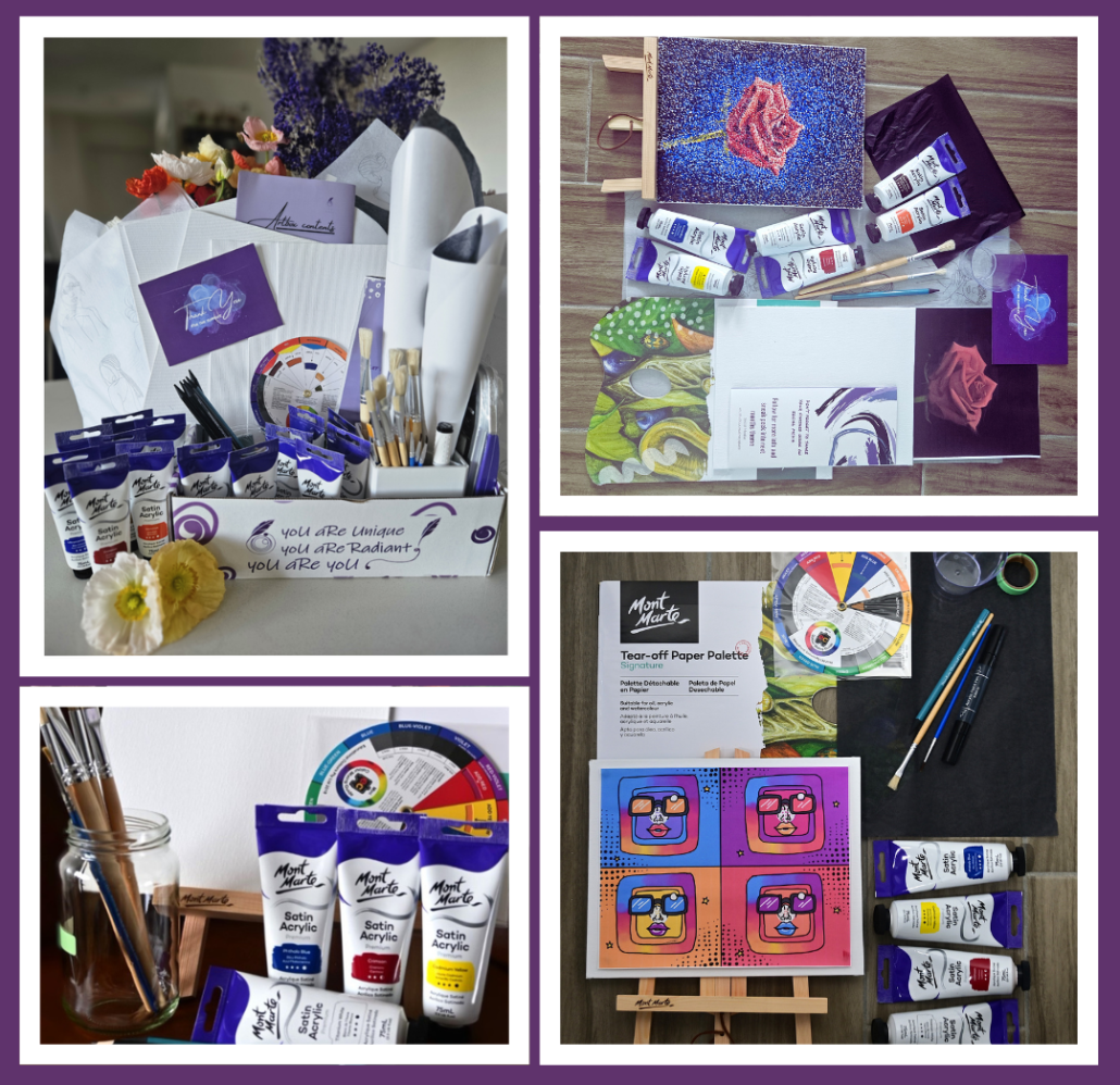Art kit box art supplies. 6 months worth of art supplies shown with monthly themed art box examples